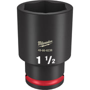 Black 1-1/2" deep socket with hexagonal opening, red grip band at base, Milwaukee branding and model number visible.
