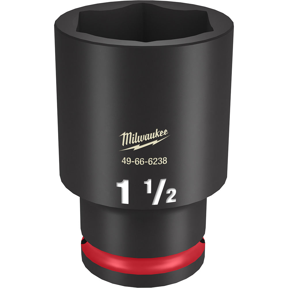 Black 1-1/2" deep socket with hexagonal opening, red grip band at base, Milwaukee branding and model number visible.