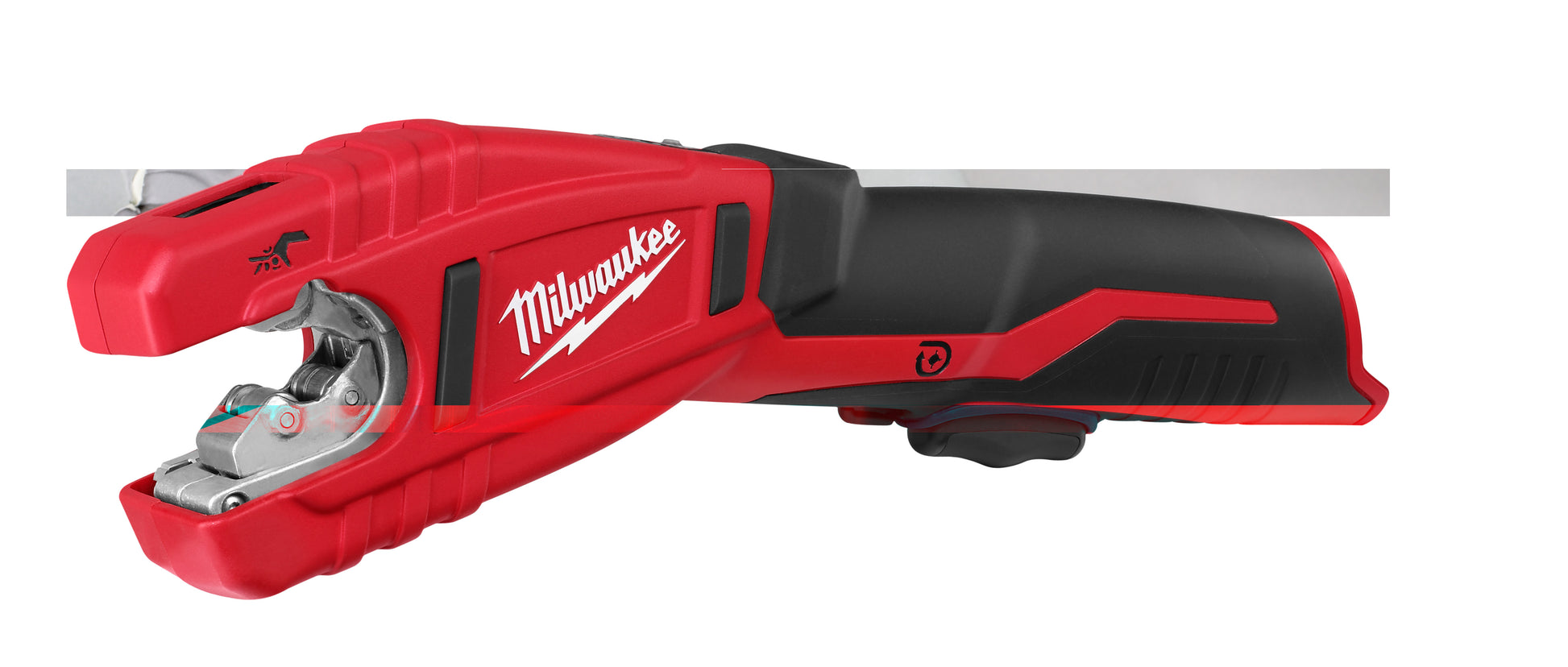 Red and black Milwaukee cordless tubing cutter with cylindrical cutting head and grip handle.