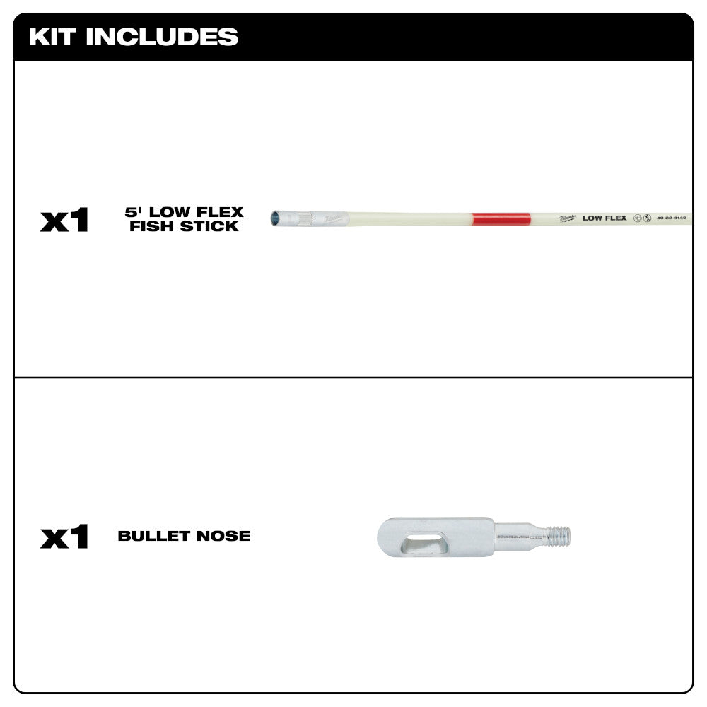 5-foot low flex fish stick with red grip section and included bullet nose attachment.