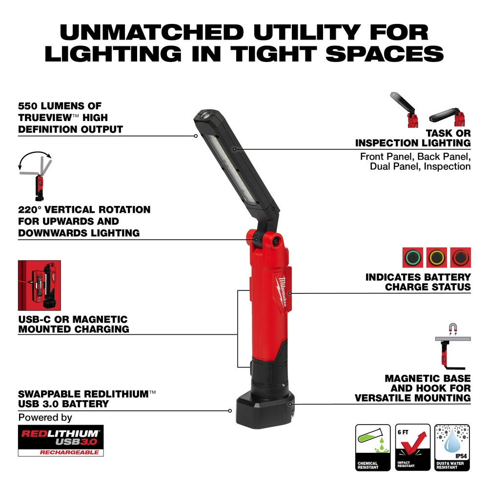 Red and black Milwaukee stick light with magnetic base, rotatable head, USB charging dock, and battery status indicators.