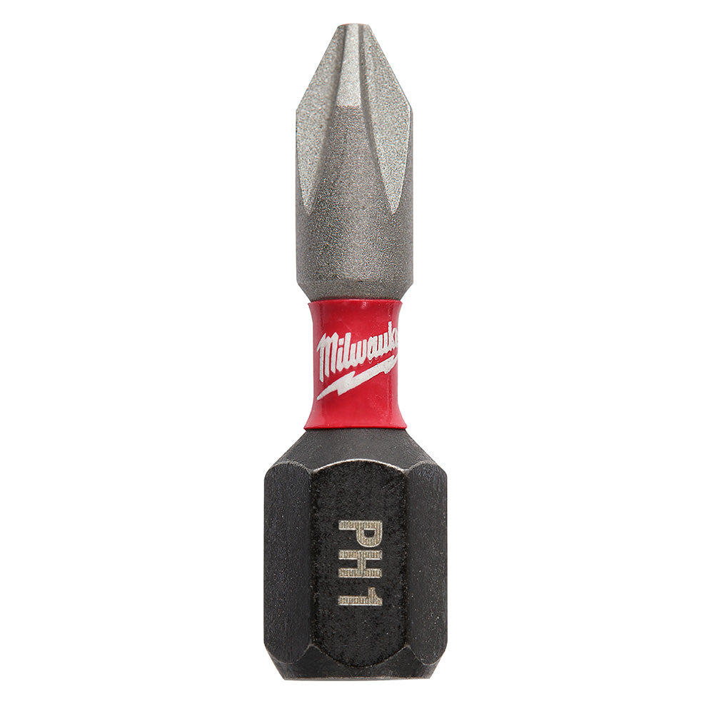 Milwaukee Shockwave Phillips #1 insert bit with gray tip, red band, and black hexagonal holder marked "PH1".