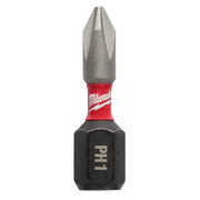 Milwaukee Shockwave Impact Phillips #1 insert bit with red and black sleeve on white background.