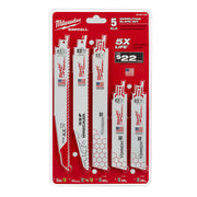 Five Milwaukee SAWZALL demolition blades in varying sizes mounted on red packaging card.