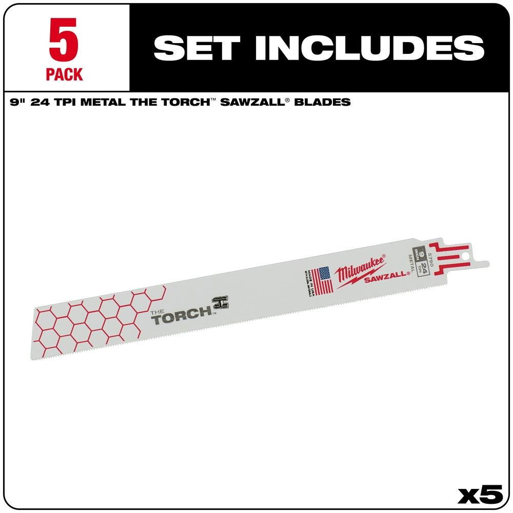 Five Milwaukee The Torch 9-inch 24 TPI metal cutting Sawzall blades with red and white packaging and red connector end.