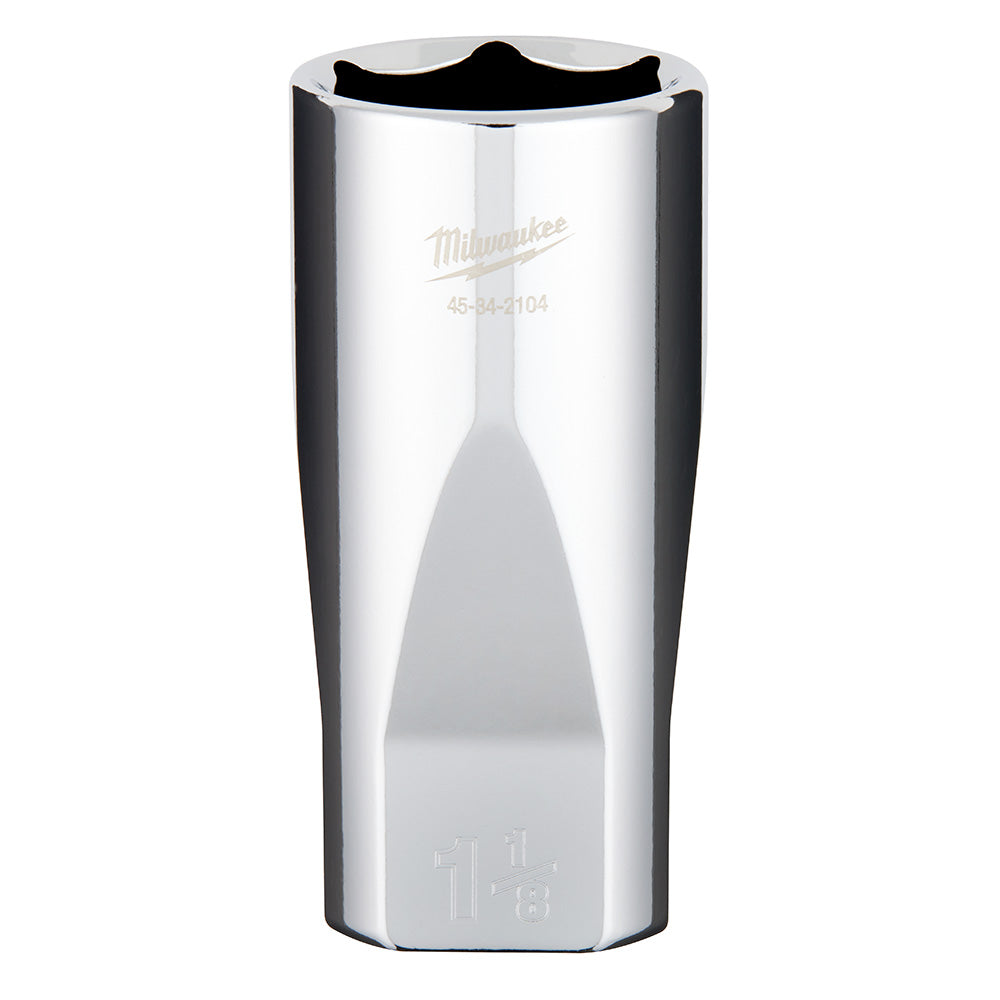 Milwaukee 1/2" drive deep socket with polished chrome finish and black rubber grip band.