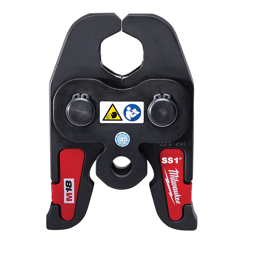 Milwaukee M18 stainless steel jaw with black and red handles, hexagonal opening, and dual adjustment dials.