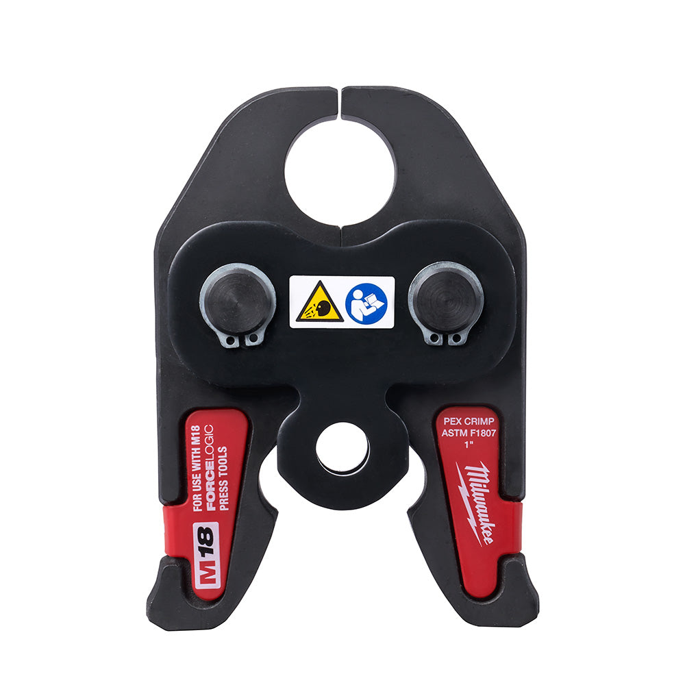 Black and red PEX crimp jaw with two circular openings at top, center hole, and red side tabs labeled for M18 FORCE LOGIC.