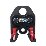 Black and red PEX crimp jaw with two circular openings at top, center hole, and red side tabs labeled for M18 FORCE LOGIC.