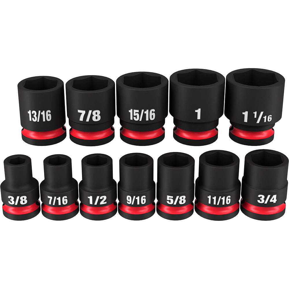 Twelve black impact sockets with red bands arranged in two rows, labeled with SAE sizes from 3/8" to 1 1/16".