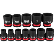 Twelve black impact sockets with red bands arranged in two rows, labeled with SAE sizes from 3/8" to 1 1/16".
