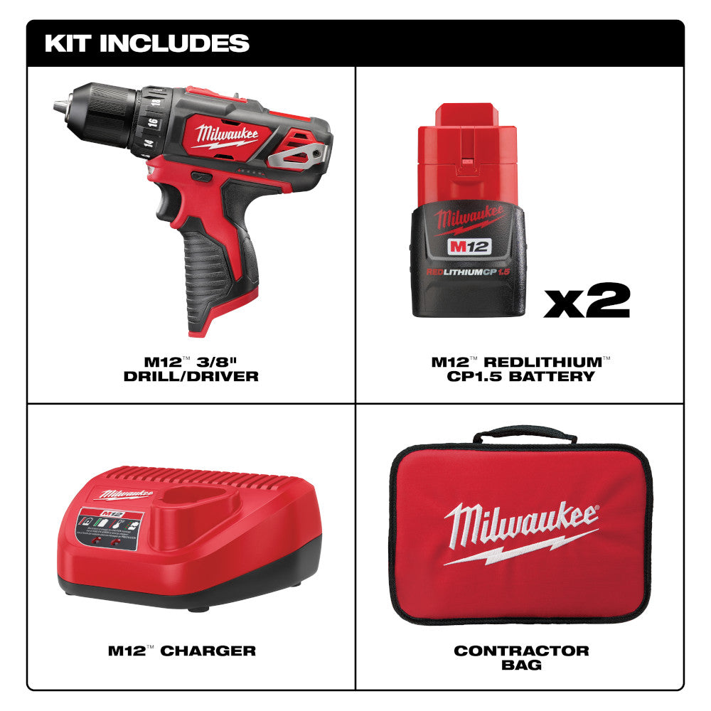 Red and black M12 3/8" drill/driver with two batteries, charger, and contractor bag.