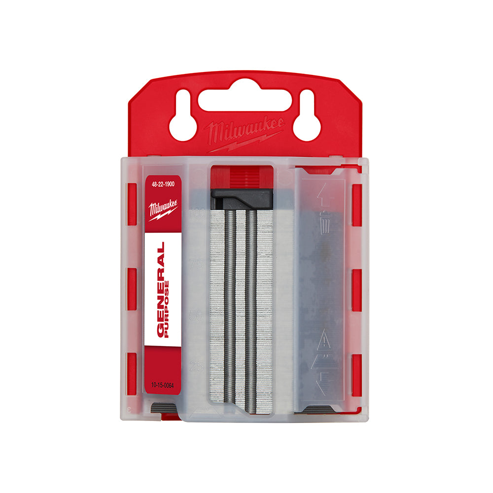 Milwaukee 100-pack of 2-point utility blades in 3/4" width displayed in clear plastic clamshell packaging with red header.