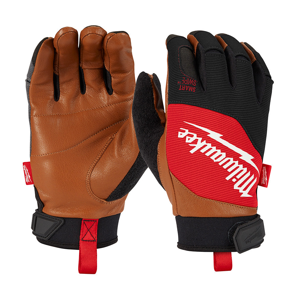 Brown leather and black gloves with red accents and Milwaukee branding, shown from palm and back views.