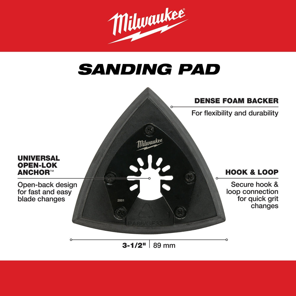 Black triangular sanding pad with dense foam backer, universal open-lok anchor system, and hook and loop fastening, 3-1/2 inc