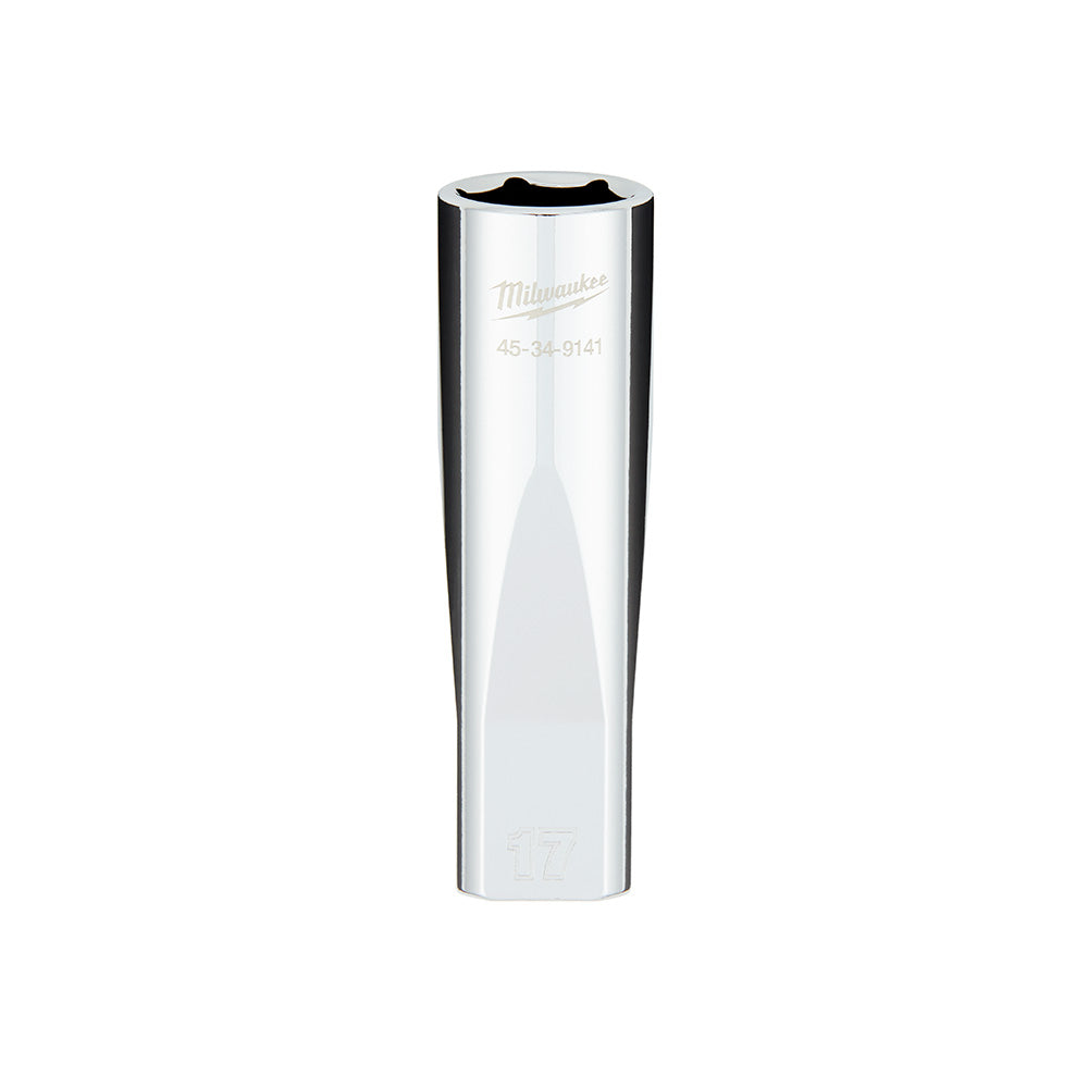 Milwaukee 17MM metric deep socket with chrome finish and flat sides on cylindrical body.