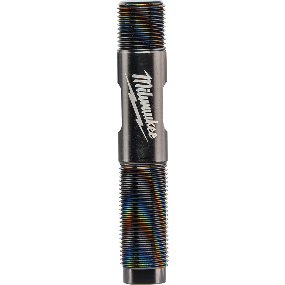 Black Milwaukee draw stud with threaded ends and central smooth shaft with brand logo.