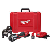 Milwaukee M12 press tool kit with red carrying case, press head, two jaw attachments, battery, and charger.