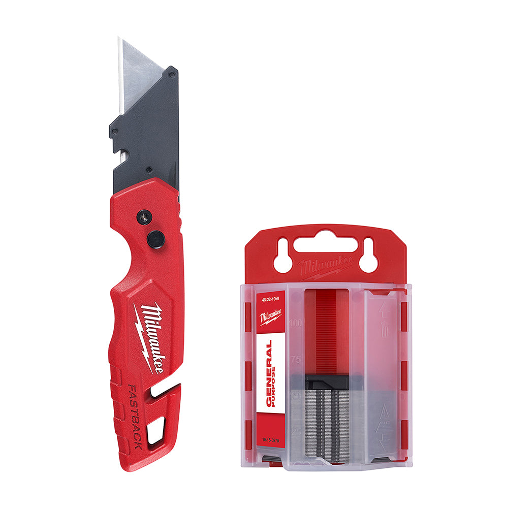 Red and black utility knife with exposed blade next to red storage case containing stacked utility blades.