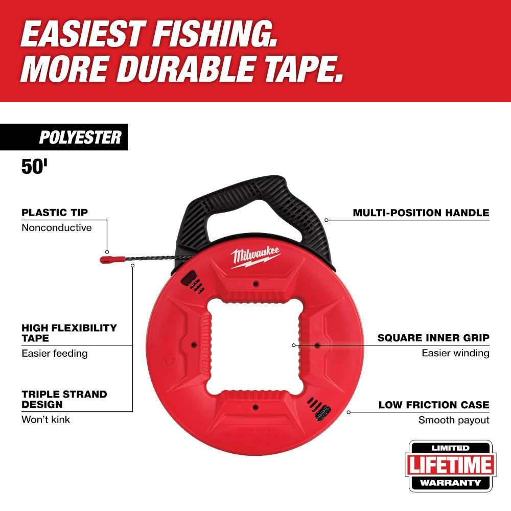 Milwaukee 50-foot polyester fish tape with red reel, black multi-position handle, and non-conductive plastic tip.