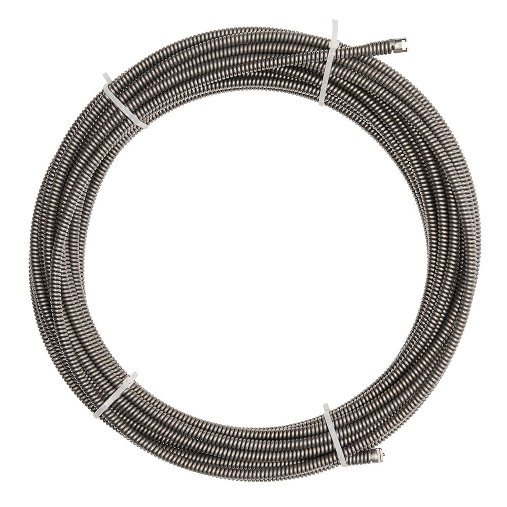 Coiled metal drain cable with inner core, 3/8 inch diameter, approximately 100 feet long, with connector end visible.