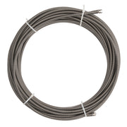 Coiled metal drain cable with inner core, 3/8 inch diameter, approximately 100 feet long, with connector end visible.