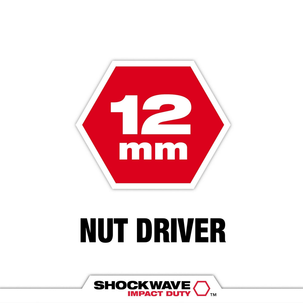 Red hexagonal 12mm nut driver with magnetic tip and Shockwave Impact Duty branding.