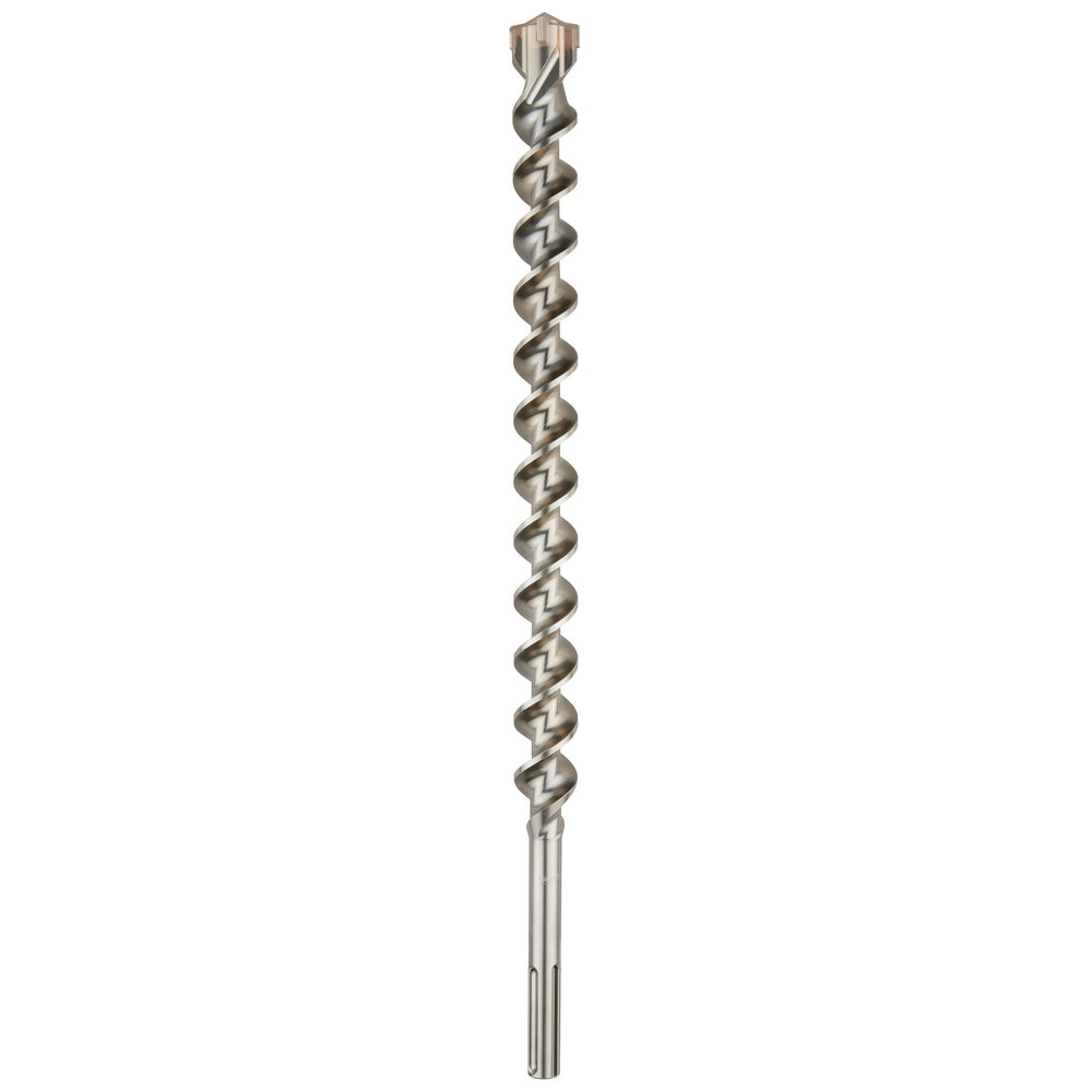 Milwaukee SDS-Max 4-cutter drill bit with 1-1/2 inch width and 18 inch length, featuring spiral flutes and chisel point.