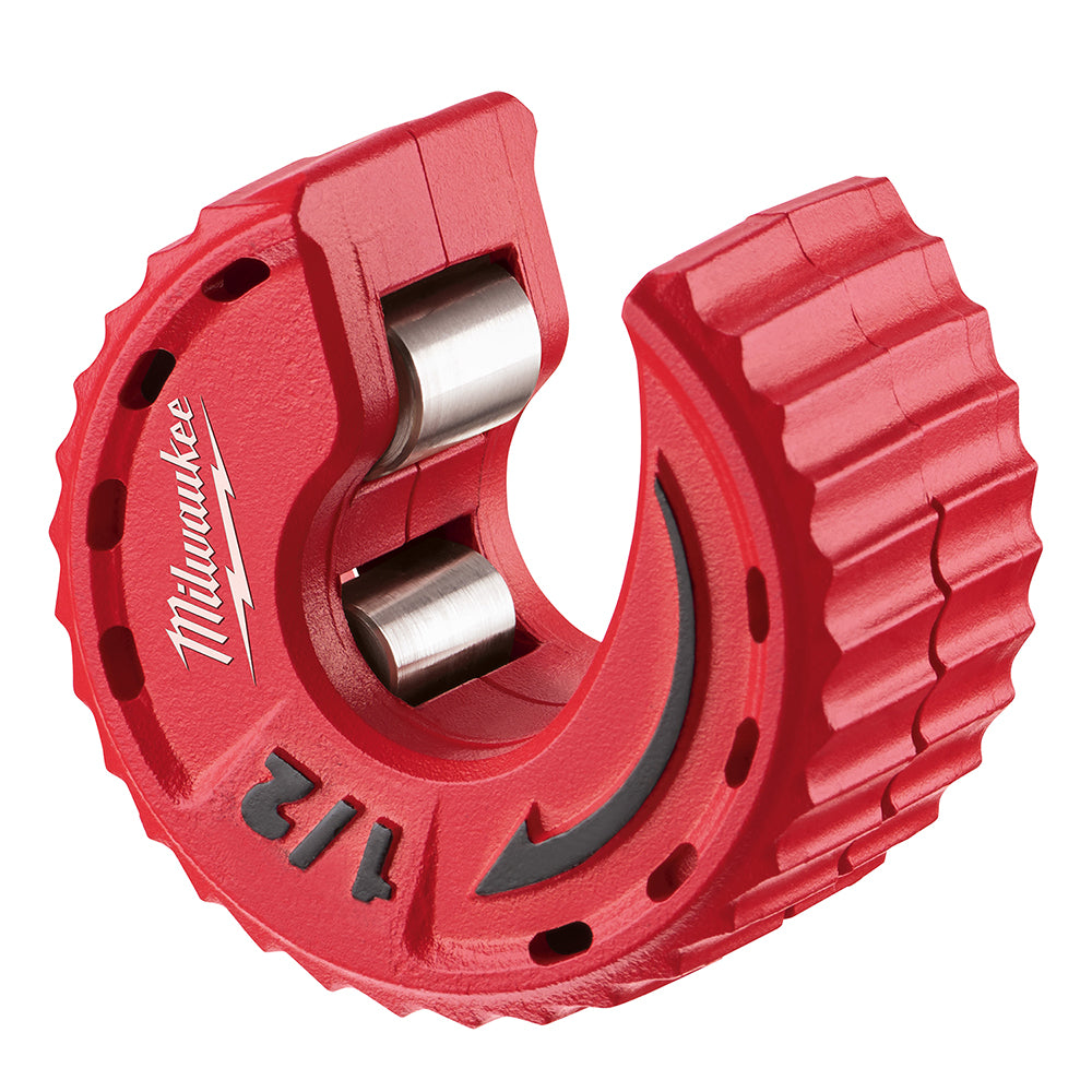 Red Milwaukee tubing cutter with two metal cutting wheels and textured grip handles on compact frame.