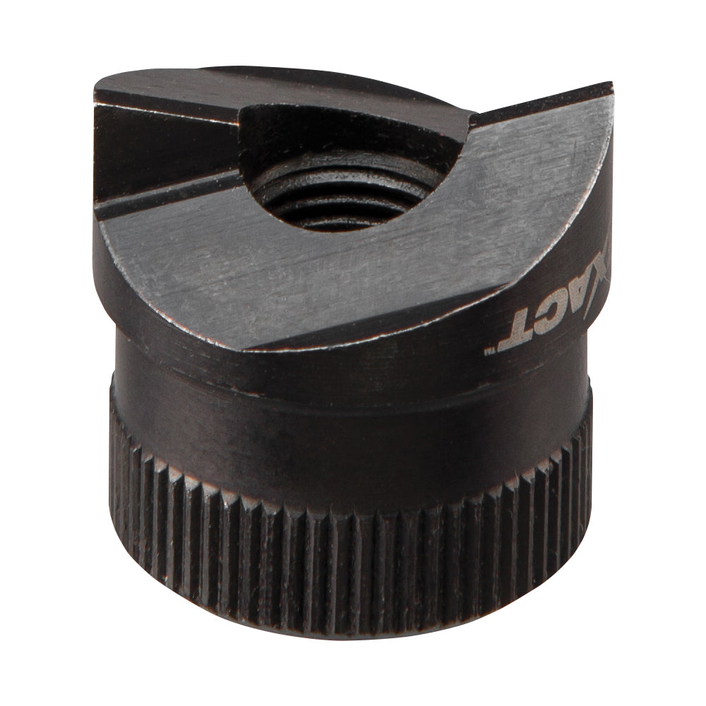 Black metal punch tool with cylindrical ribbed base, curved cutting head, and central circular opening.