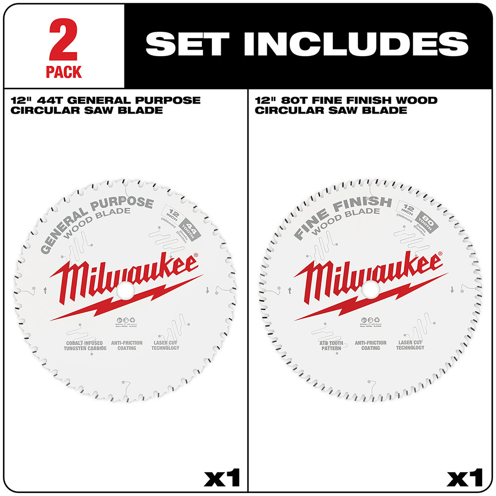 Two 12-inch Milwaukee circular saw blades: 44T general purpose and 80T fine finish wood cutting blades.