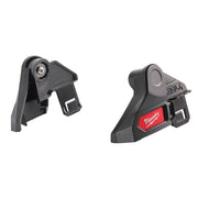 Black plastic face shield mount with rotating ball joint and metal attachment clips, shown from two angles.