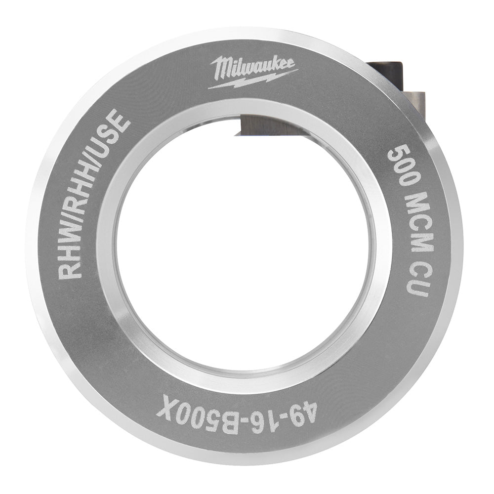Milwaukee 500 MCM copper bushing with RHW/RHH/USE rating, gray metal ring with white center opening.