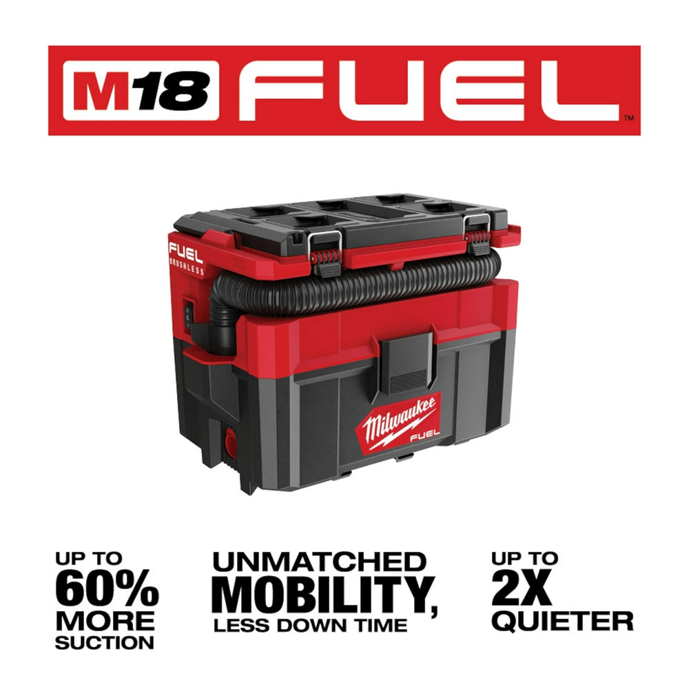 Red and black Milwaukee M18 FUEL PACKOUT wet/dry vacuum with black hose attachment and carry handles.
