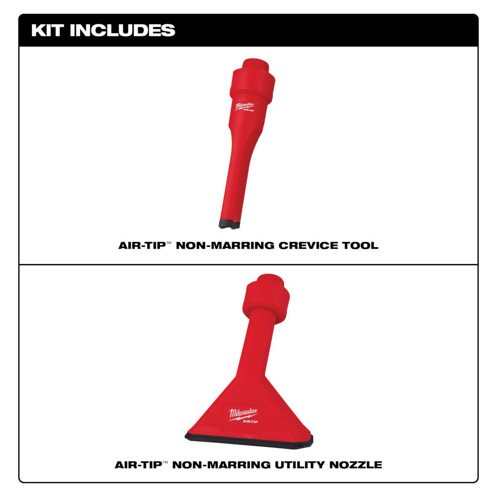 Two red Milwaukee AIR-TIP non-marring tools: a crevice tool with narrow tip and a utility nozzle with triangular base.