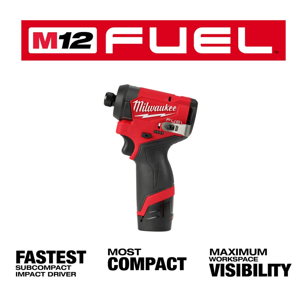 Milwaukee M12 FUEL red and black 1/4" hex impact driver with grip and trigger visible.