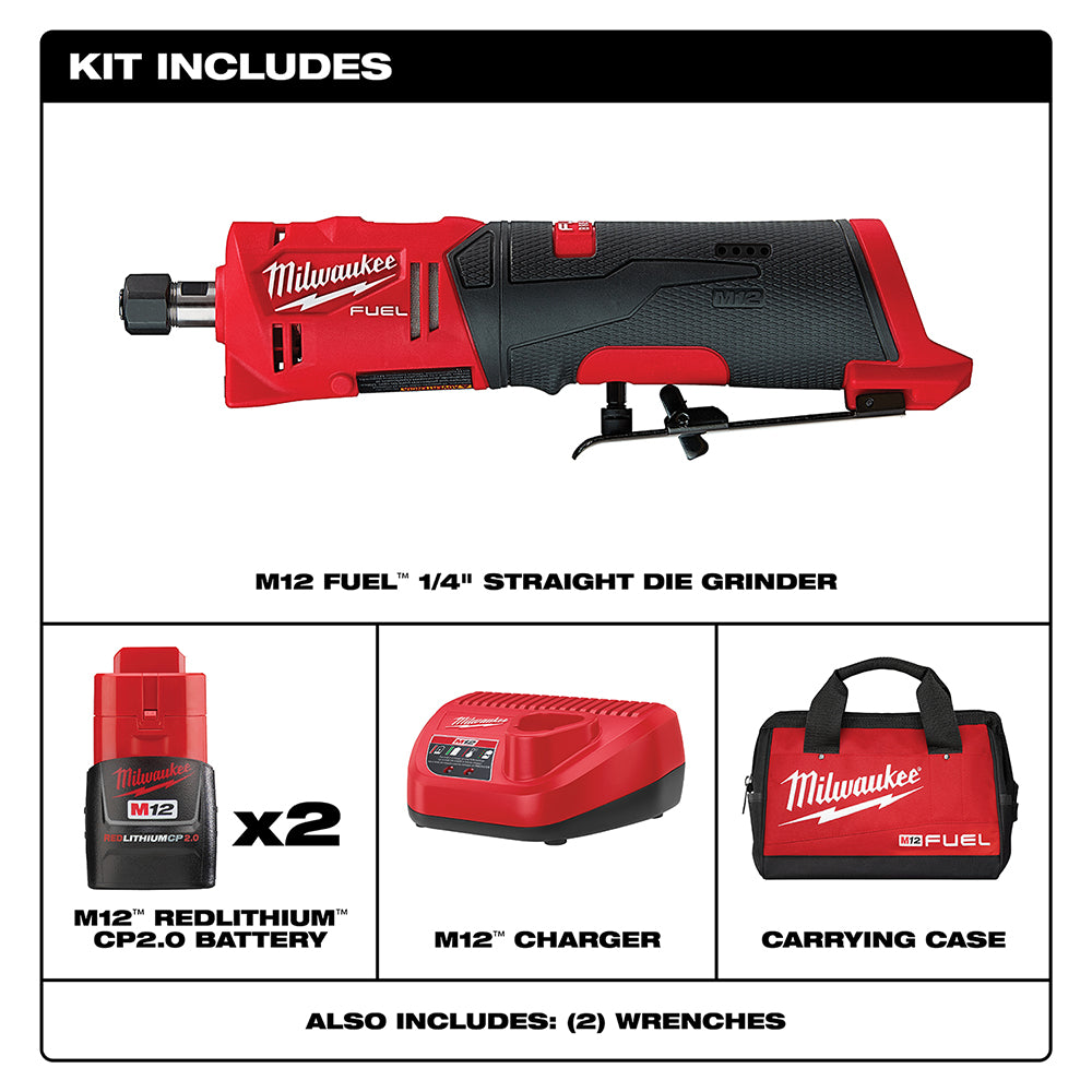 Red and black Milwaukee M12 FUEL straight die grinder with two batteries, charger, carrying case, and two wrenches displayed.