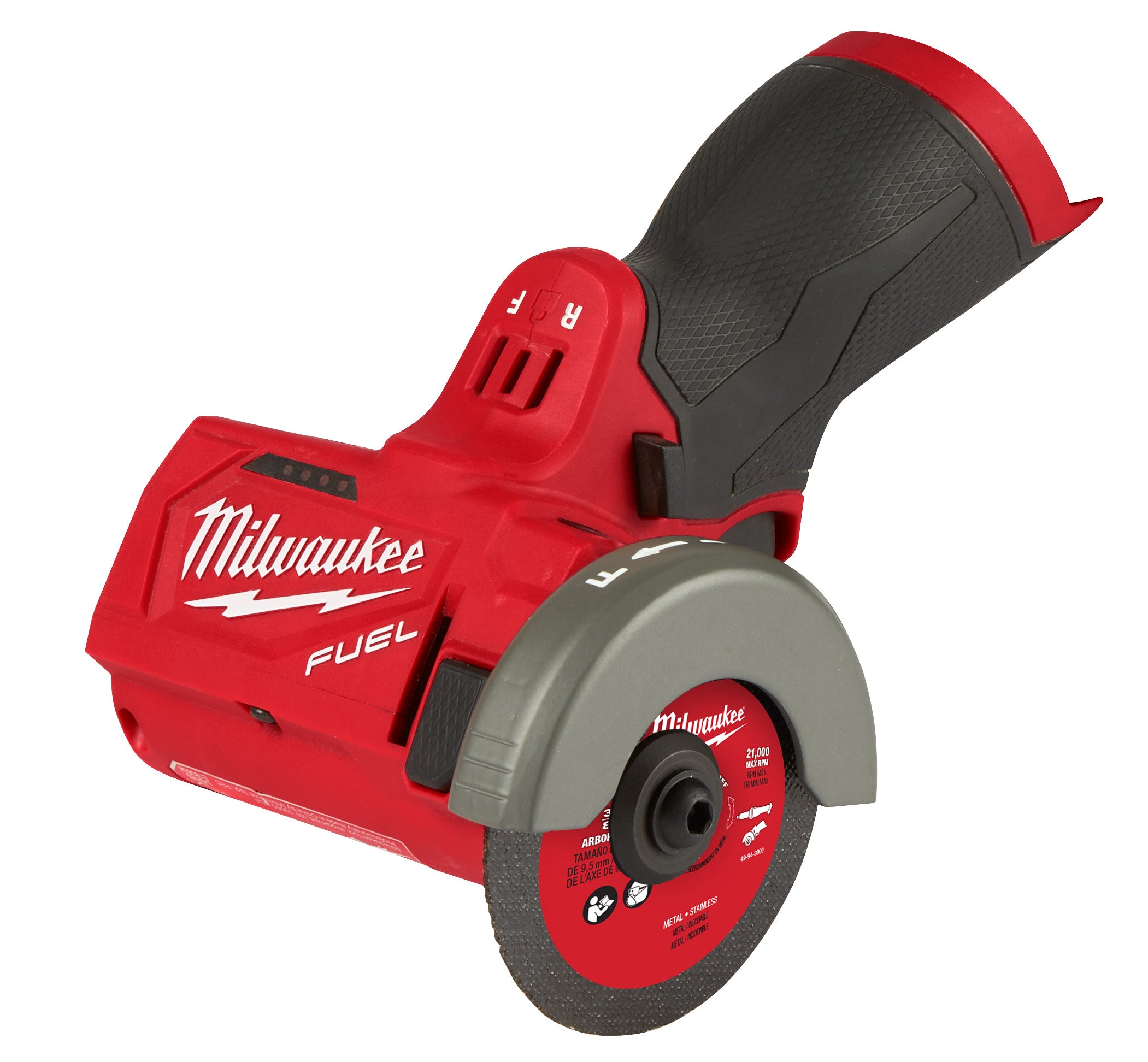 Red and black Milwaukee M12 FUEL compact cut off tool with 3 inch circular saw blade and grip handle.