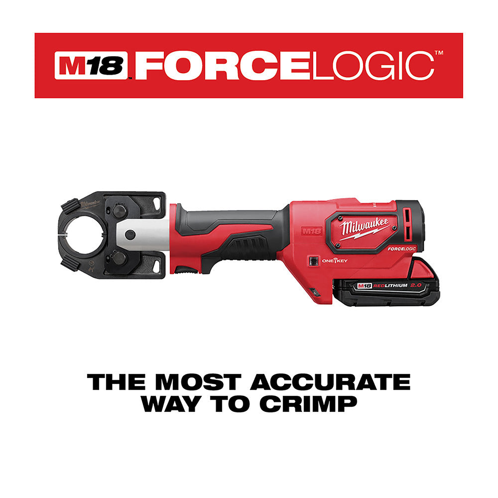 Milwaukee M18 FORCE LOGIC 600 MCM crimper with red and black body, open crimping head, and battery pack included.