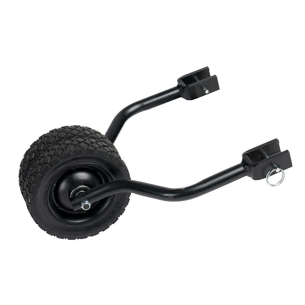 Black load wheel assembly with textured tire, curved mounting arms, and connector brackets for Milwaukee MX FUEL sewer drum m