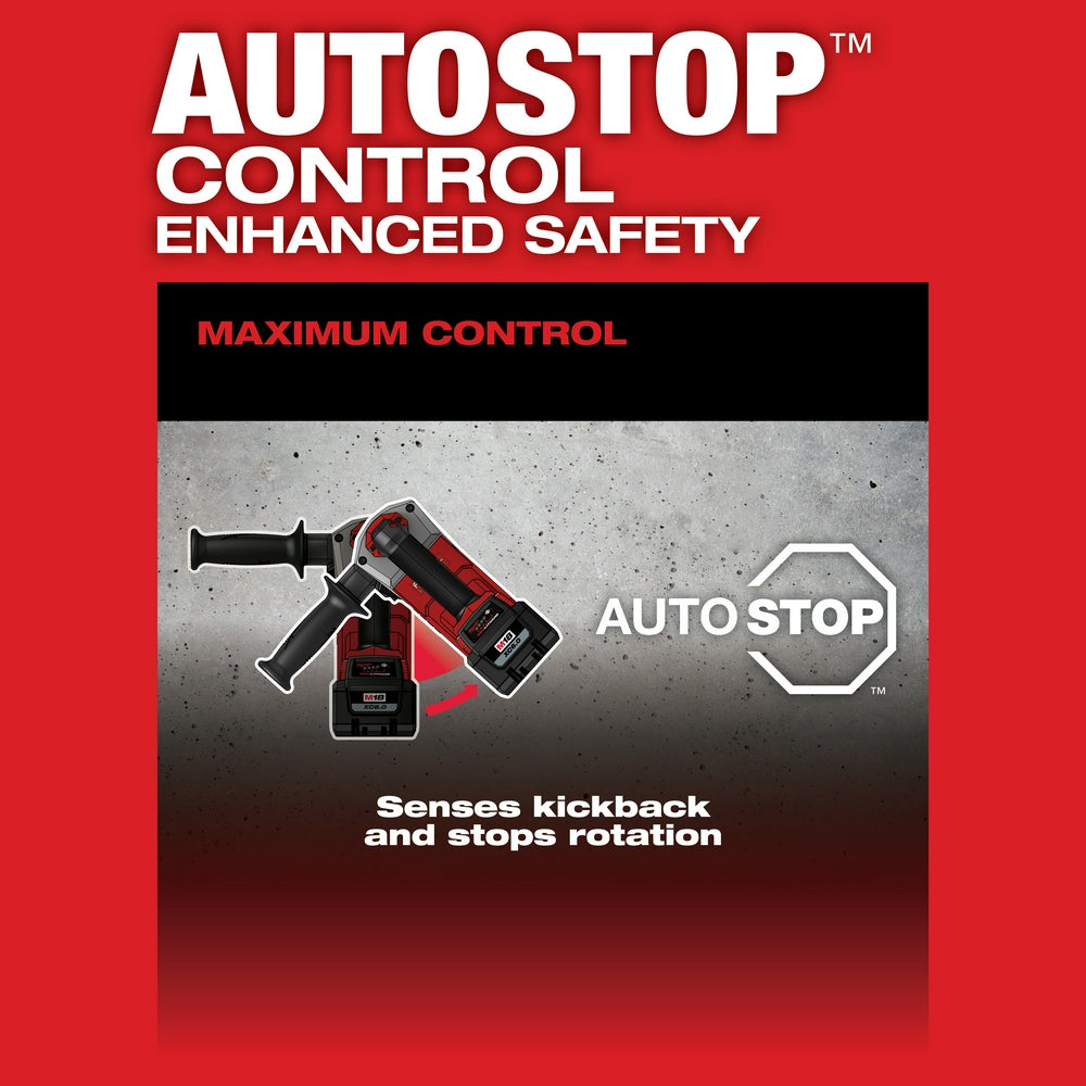 Black and red Milwaukee rotary hammer with side handle displayed at an angle on concrete background with AUTOSTOP feature mes