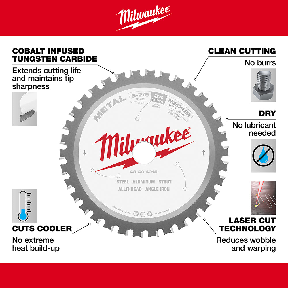 Milwaukee 5-7/8 inch metal cutting circular saw blade with cobalt infused tungsten carbide teeth.