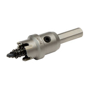 Silver and black 3/4 inch carbide hole cutter with cylindrical shank and fluted cutting head.