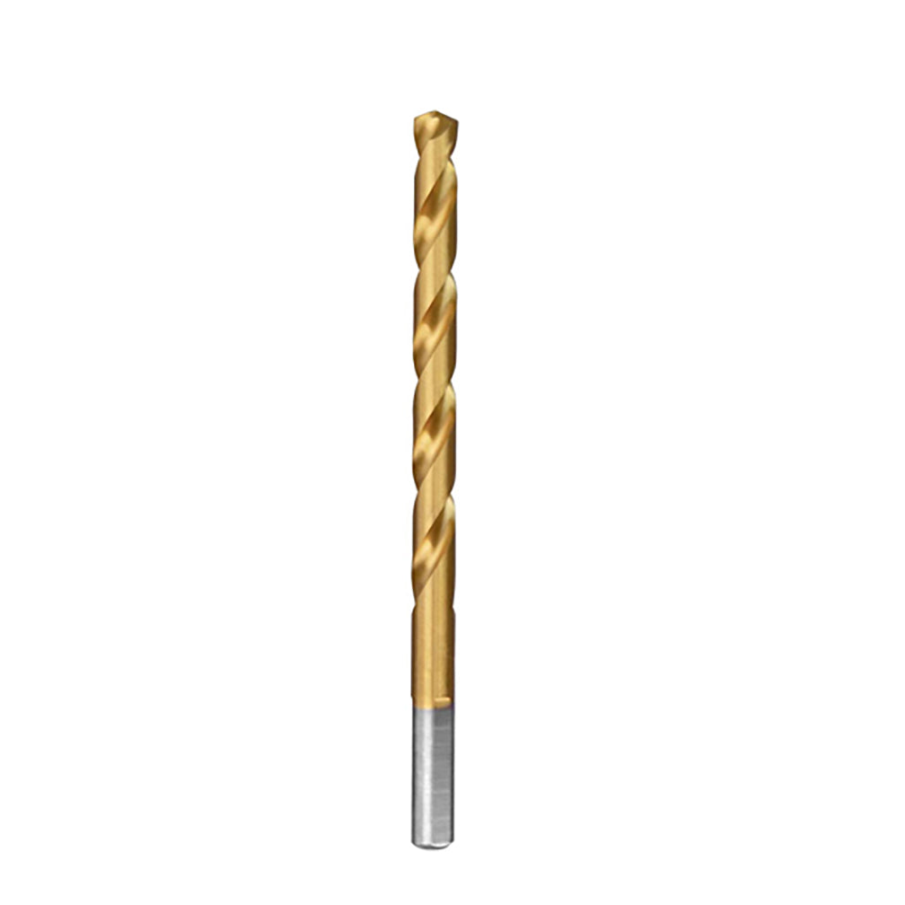 Gold titanium-coated twist drill bit with gray shank and pointed tip.