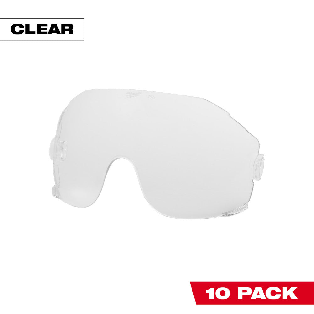Clear replacement visor lens with side attachment points for eye protection equipment.