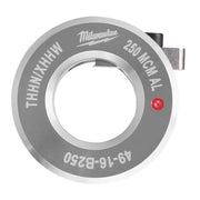 Gray and white aluminum ring bushing labeled Milwaukee 250 MCH AL with central opening and red indicator dot.