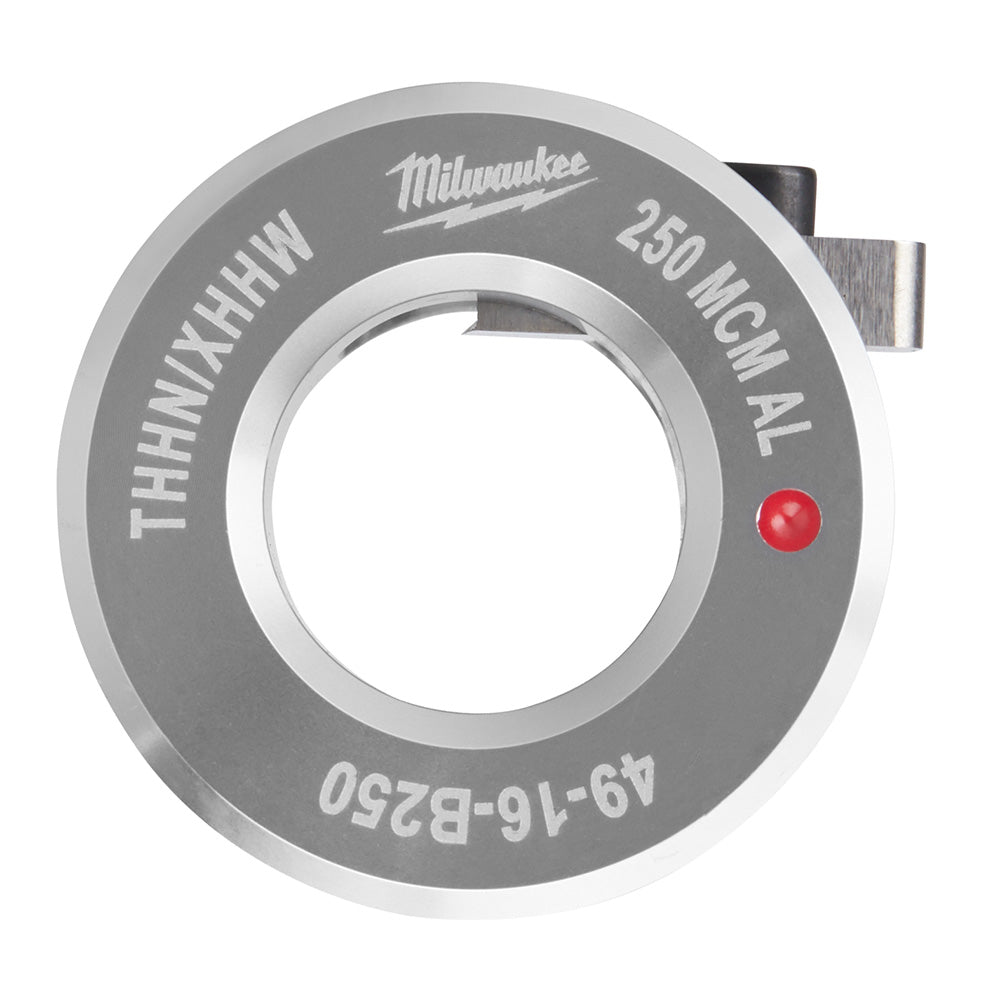 Gray and white aluminum ring bushing labeled Milwaukee 250 MCH AL with central opening and red indicator dot.