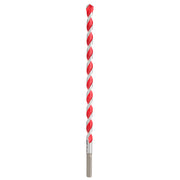Red and gray carbide hammer drill bit with twisted flutes and pointed tip on white background.