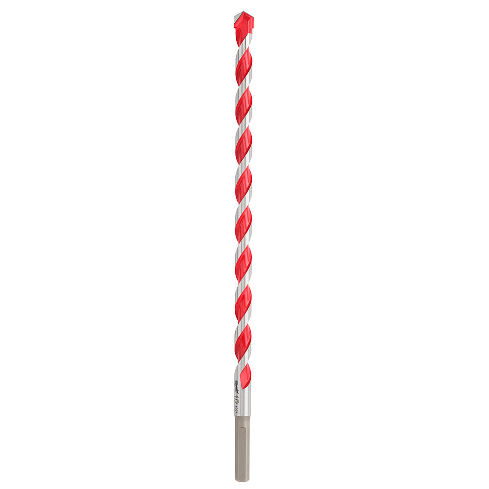 Red and gray carbide hammer drill bit with twisted flutes and pointed tip on white background.