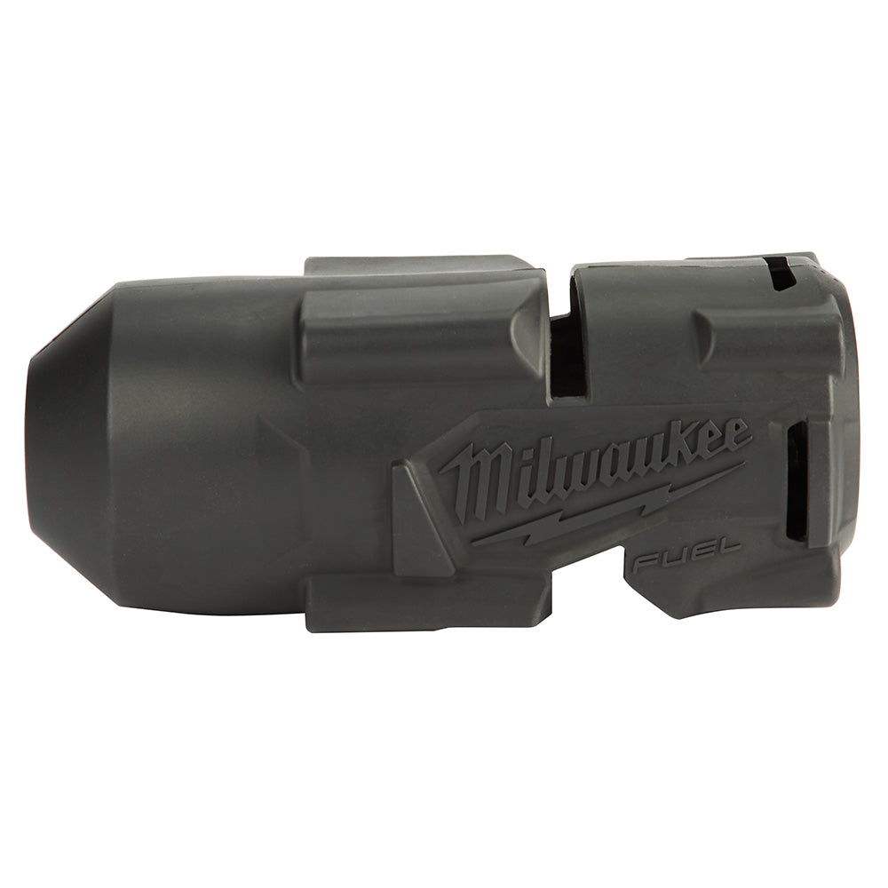 Black plastic protective boot for Milwaukee M18 FUEL impact tool with embossed branding and mounting slots.